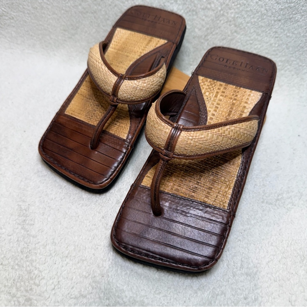 NWOT Vintage Cole Haan Women Straw and Leather Sandals in Brown and Tan W5